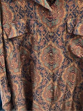 Vintage Elizabeth Paisley Button-Up Shirt - Navy & Brownu